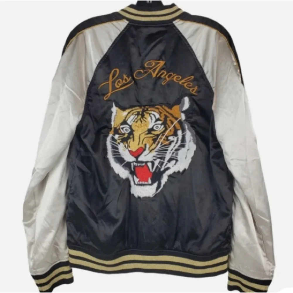 PACSUN Jacket Mens Small Black TIGER LOS ANGELES Satin Bomber Coat Embroidered